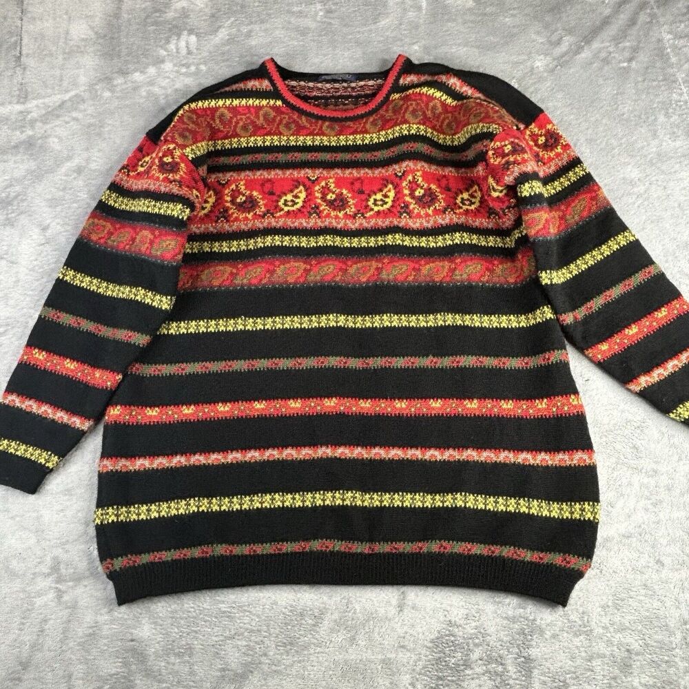 VTG Lands End Sweater Womens L / XL 100% Wool Black Red Crew Neck‎ Hong Kong